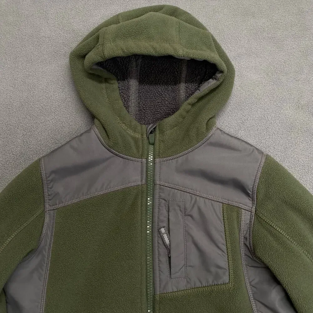 Lands End Full Zip Hoodie Fleece Sweater Jacket Kids 7 Green Grey Zipper Pockets